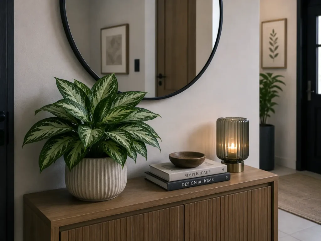 Aglaonema em aparador mostra como plantas fazem diferença em apartamentos pequenos sem varanda