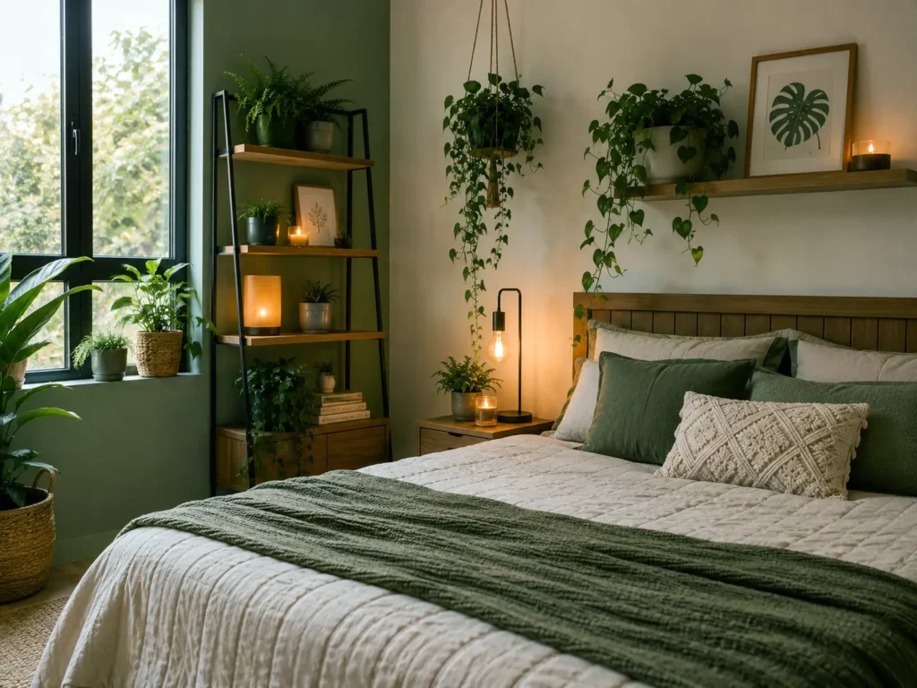 Quarto aconchegante decorado com várias plantas em prateleiras e vasos suspensos