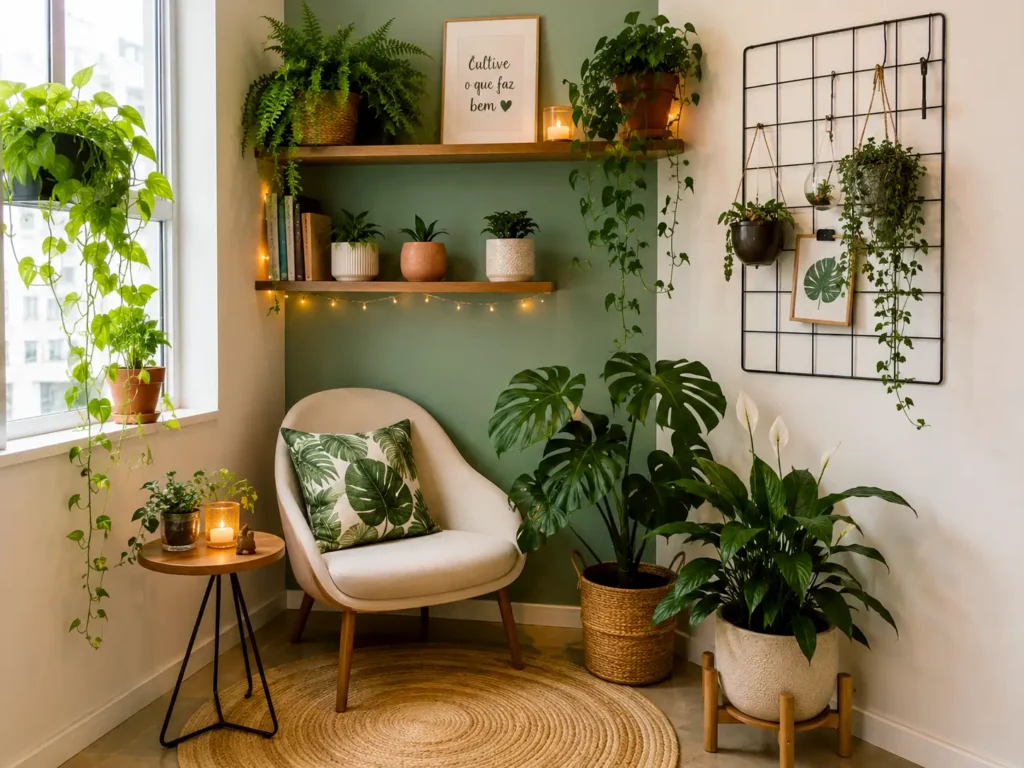 Cantinho verde na sala de estar com plantas decorativas, poltrona e iluminação aconchegante
