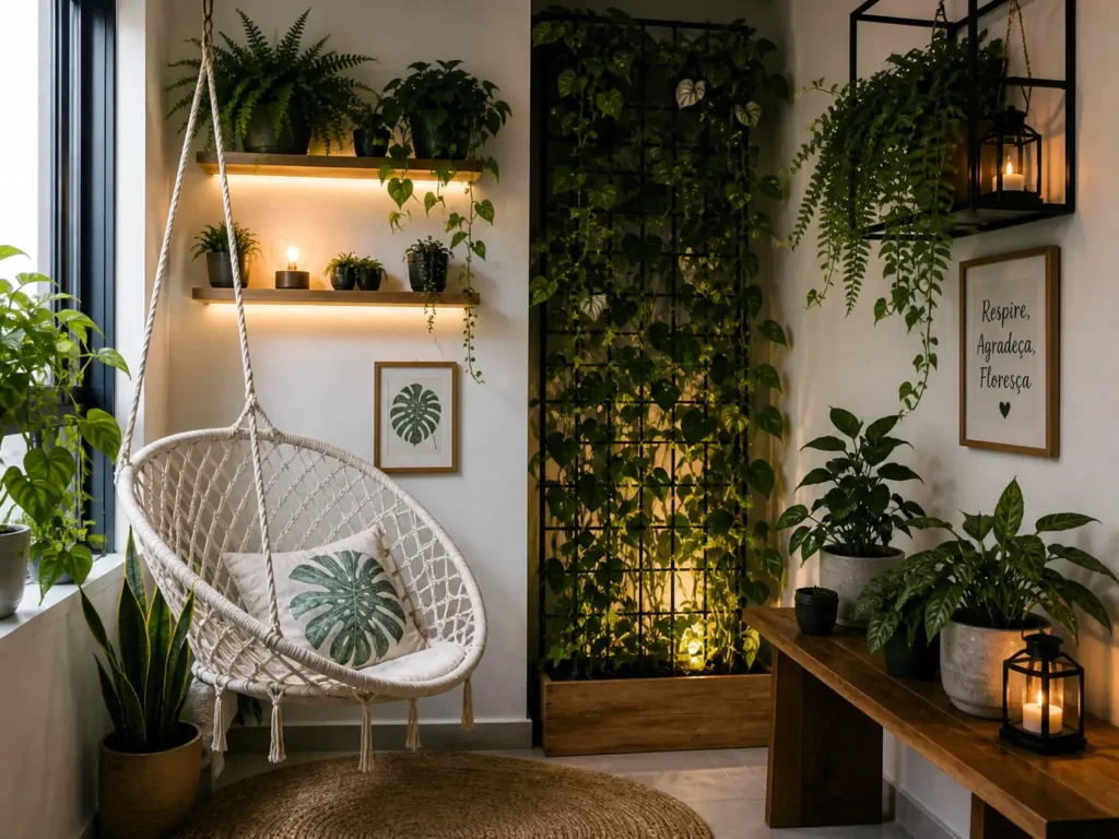 Cantinho verde com plantas pendentes, poltrona suspensa e iluminação aconchegante