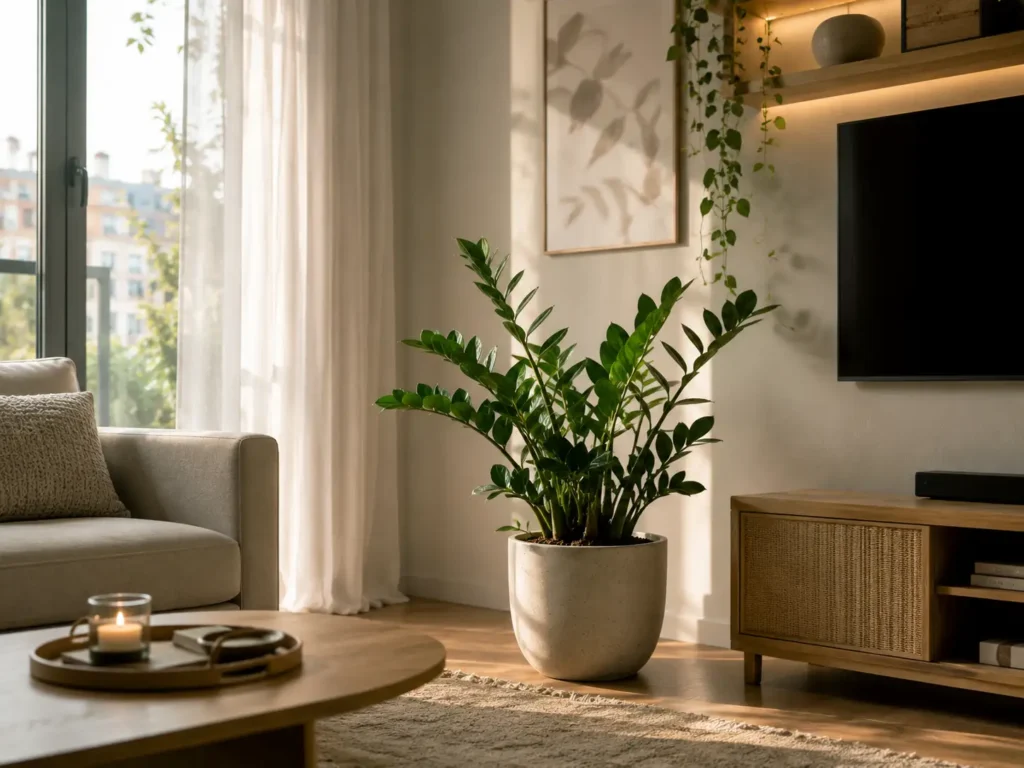 Zamioculca em sala aconchegante mostrando como decorar ambientes internos com plantas