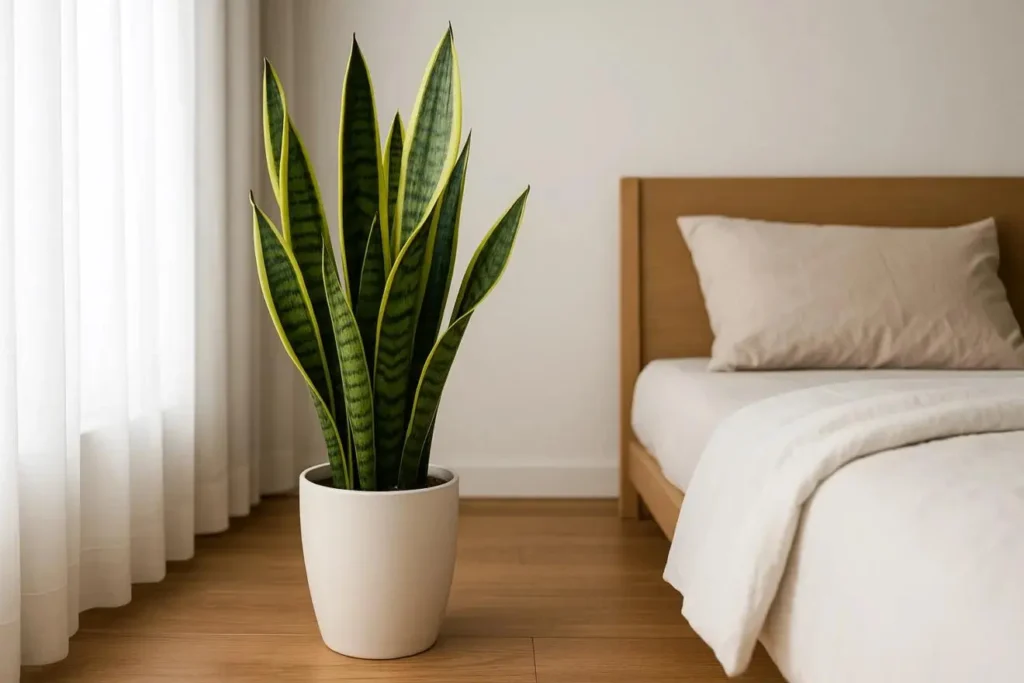 Espada-de-São-Jorge em vaso branco ao lado da cama em quarto com iluminação natural suave.