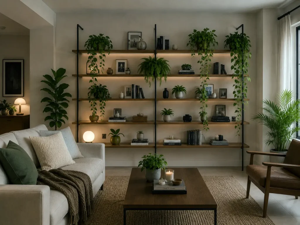 Plantas fazem diferença em apartamentos pequenos com estante decorada e plantas pendentes