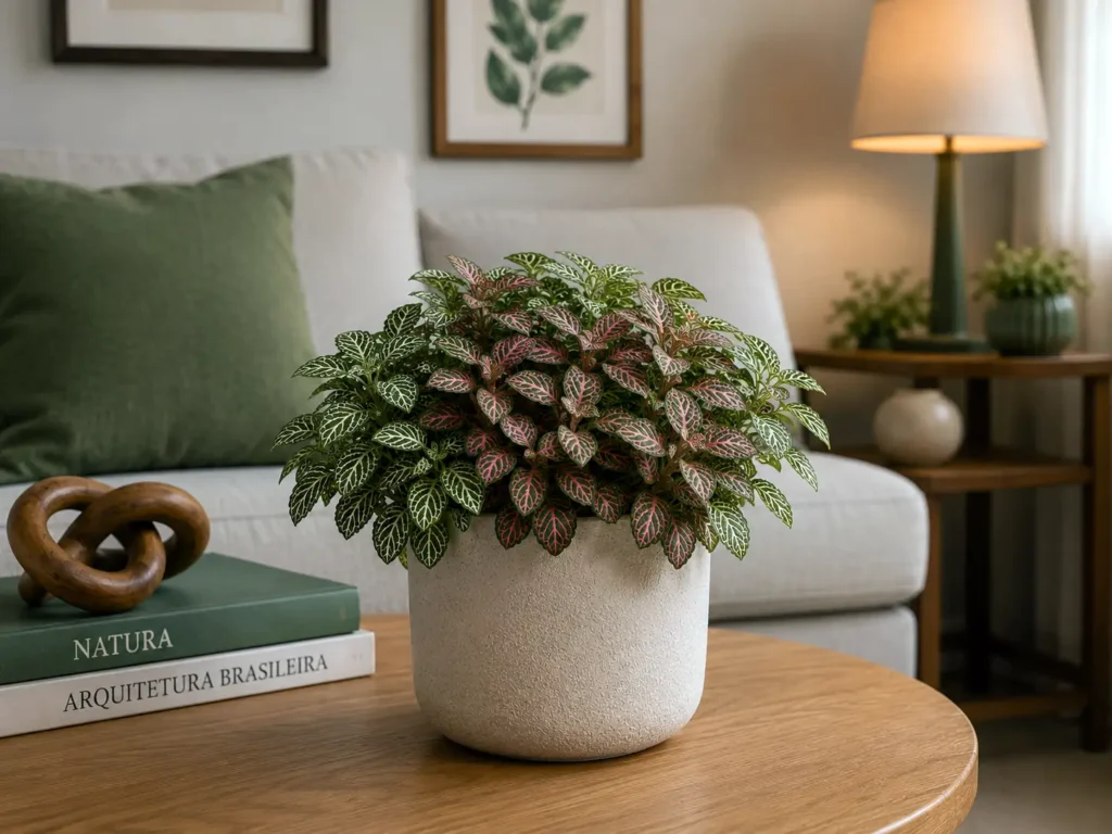 Fitônia decorando sala aconchegante mostra como plantas fazem diferença em apartamentos pequenos