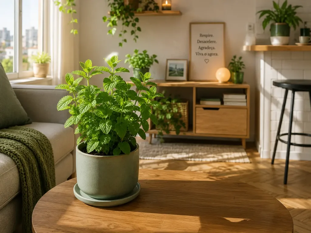 Hortelã em vaso sobre mesa de madeira em sala iluminada com luz natural