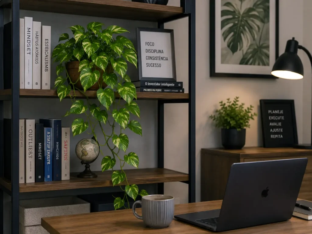 Jiboia em estante de home office mostra como plantas fazem diferença em apartamentos pequenos