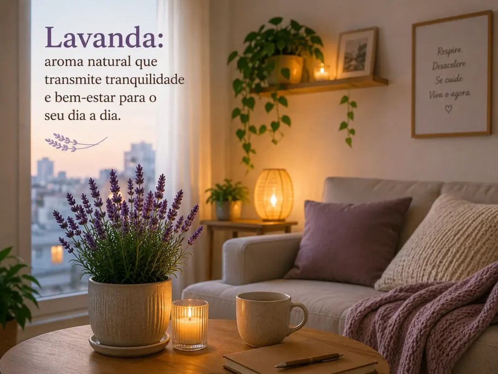 Lavanda em sala aconchegante mostrando aroma natural que transmite tranquilidade e bem-estar