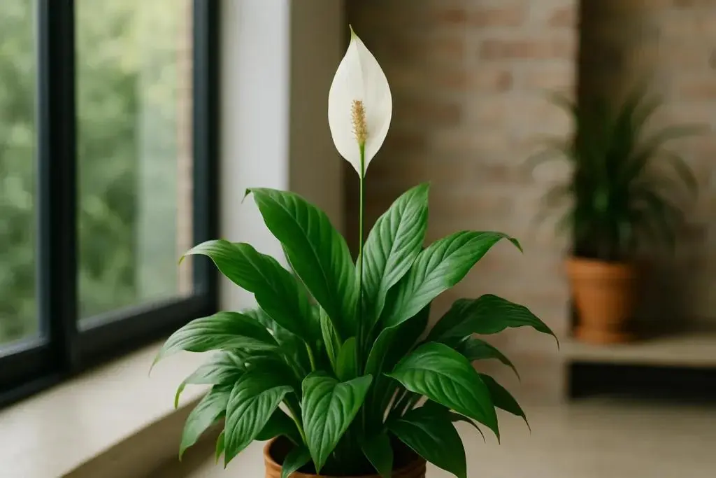 Lírio-da-paz com flor branca em vaso próximo à janela em ambiente interno.