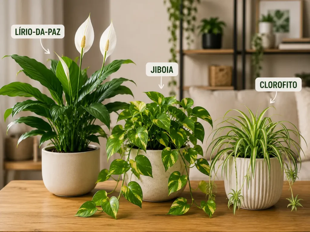 Lírio-da-paz, jiboia e clorofito em vasos decorativos como plantas fáceis para ambientes internos