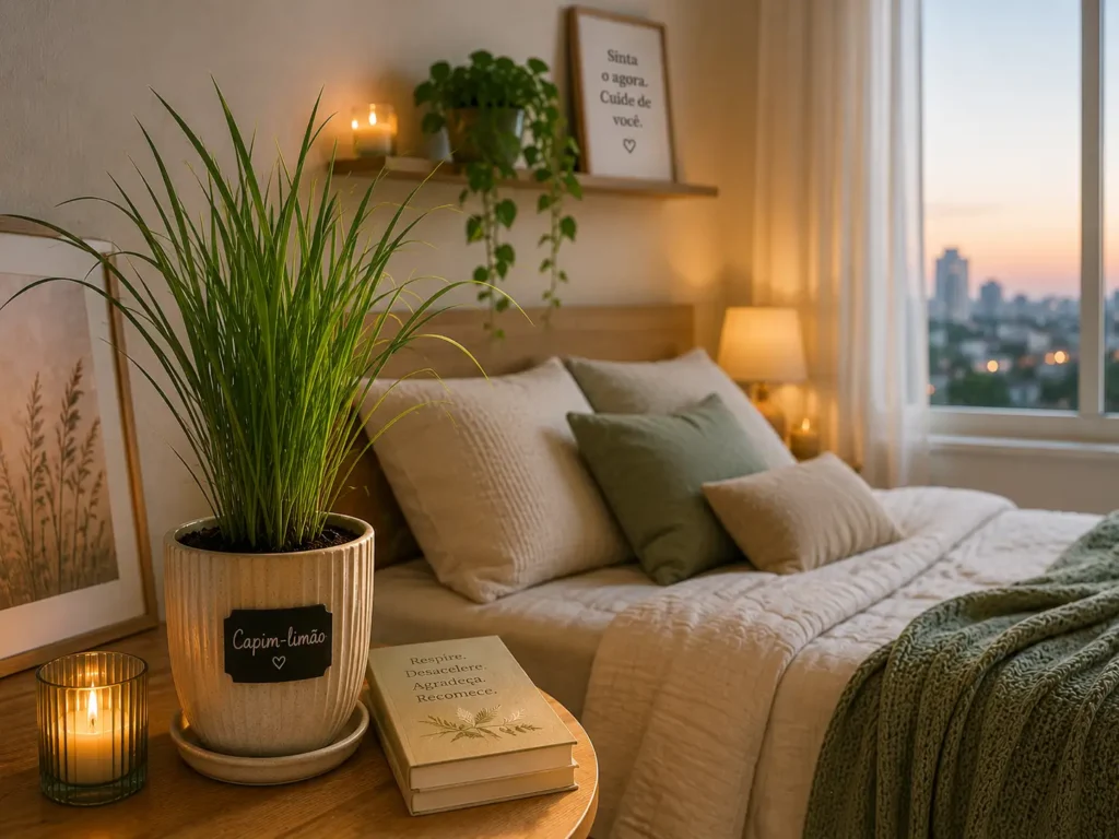 Capim-limão em vaso decorando quarto aconchegante com iluminação suave e clima relaxante