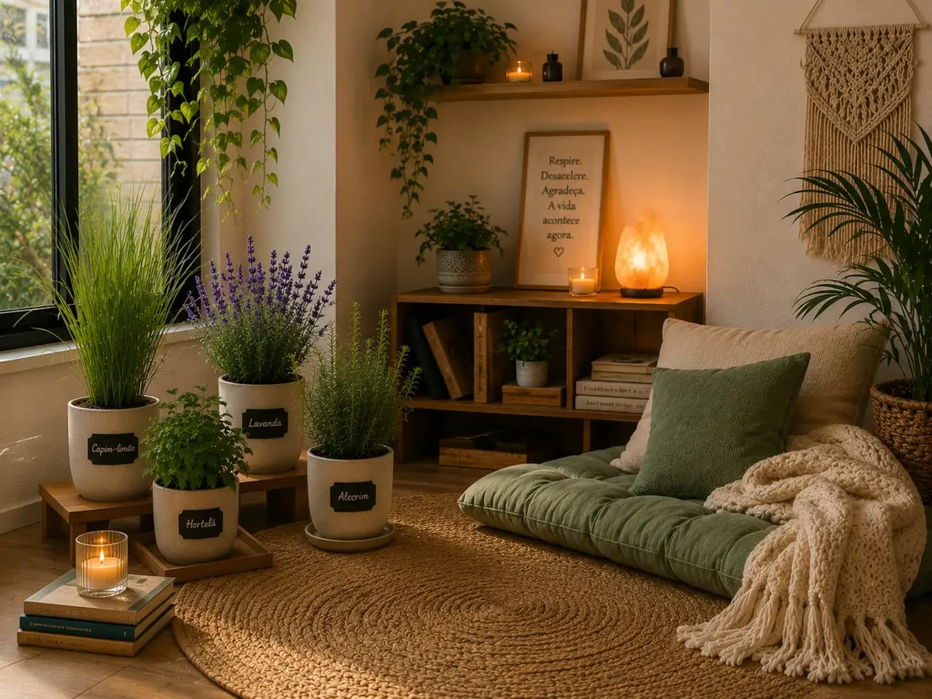 Cantinho relaxante com lavanda, hortelã, alecrim e outras plantas aromáticas em ambiente aconchegante