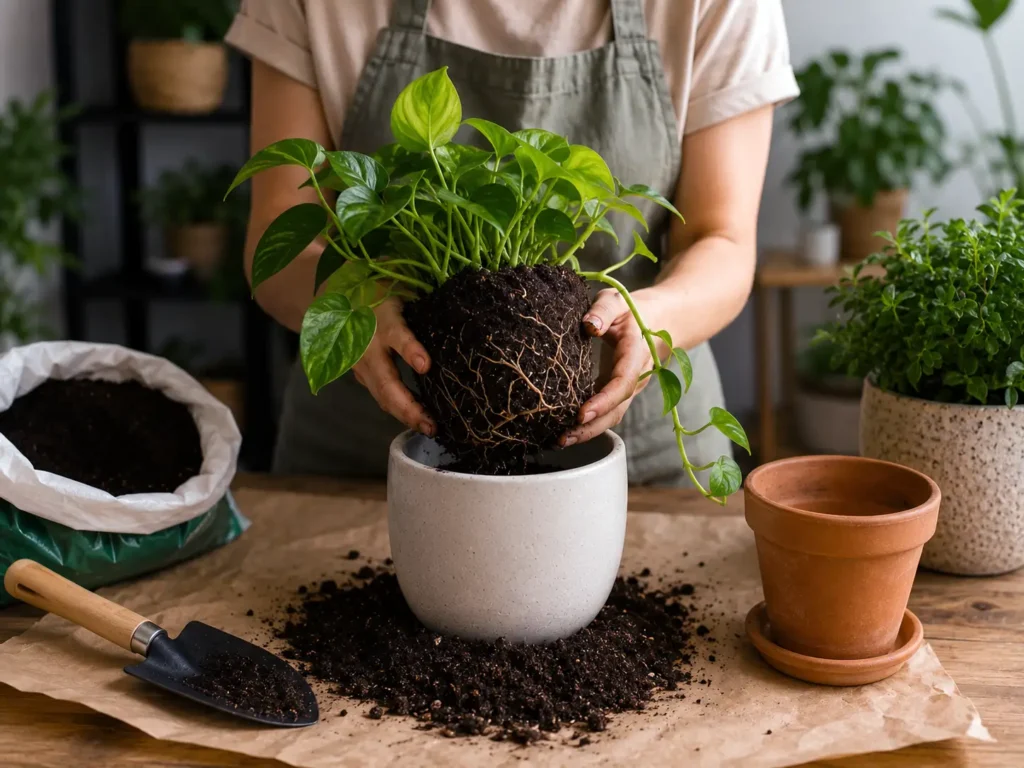 Pessoa fazendo replantio de jiboia em vaso com terra e ferramentas de jardinagem