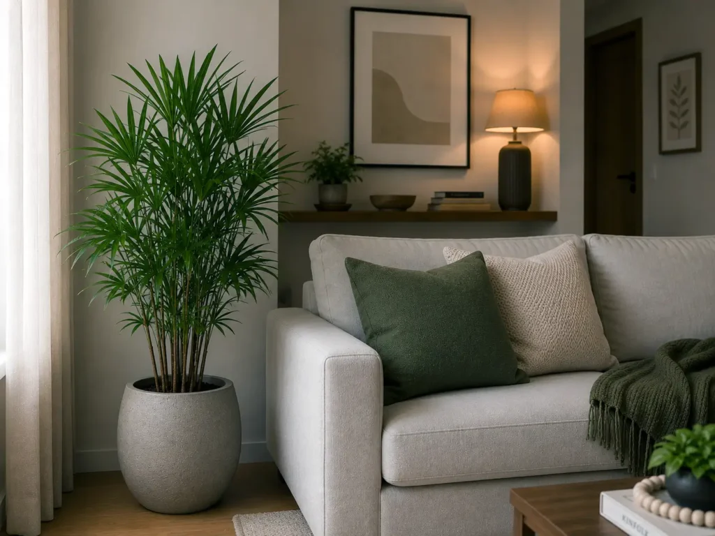 Ráfis na sala mostra como plantas fazem diferença em apartamentos pequenos sem varanda