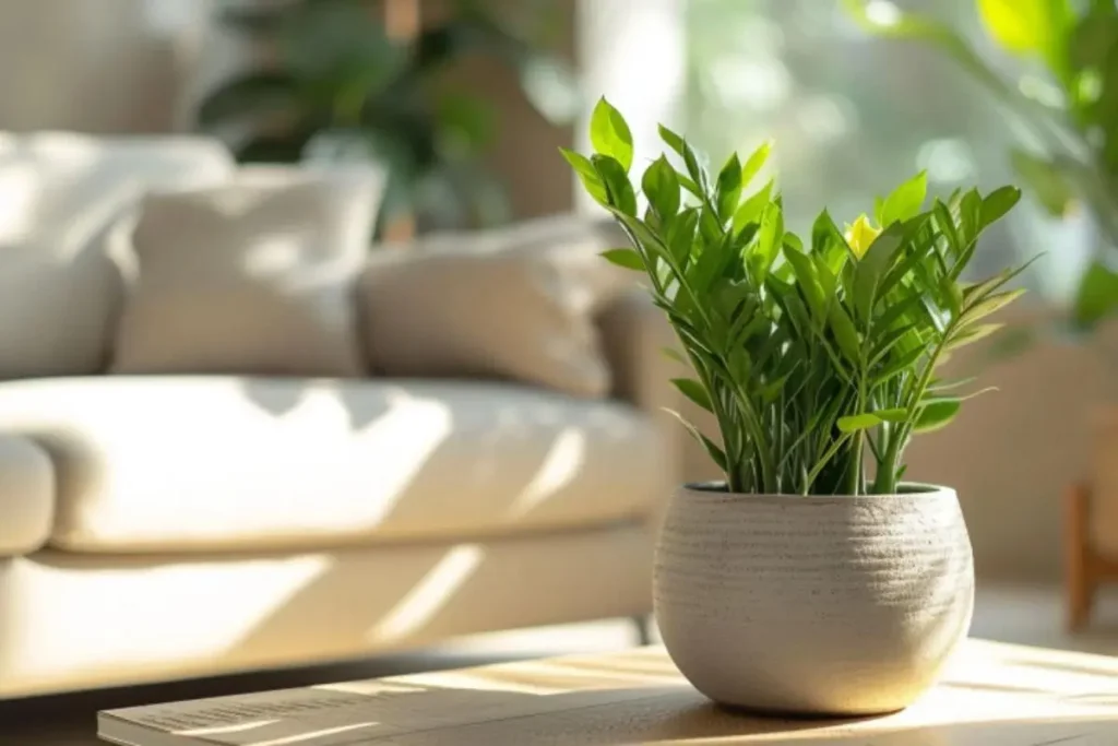 Zamioculca em vaso decorativo, ideal como planta para espaços com pouca luz natural.