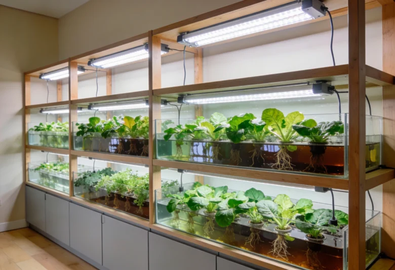 Sistema hidropônico indoor integrado a uma estante de madeira clara com iluminação LED linear e bandejas de vidro transparente, exibindo raízes saudáveis de hortaliças em um ambiente de design moderno.