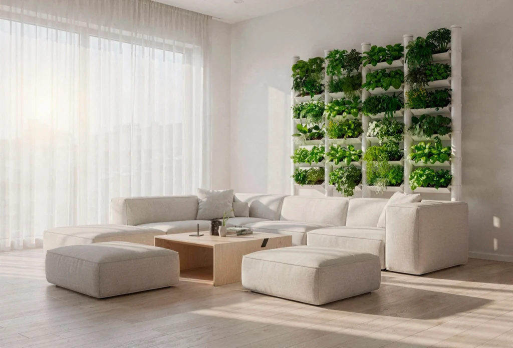 Jardim vertical hidropônico integrado a uma sala de estar minimalista com sofá modular branco e iluminação natural.