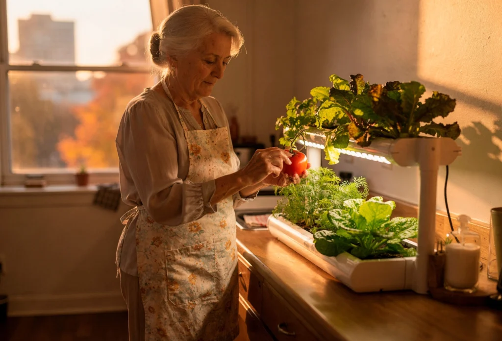 Senhora cuidando de plantas hidropônicas em apartamento pequeno, com plantas cultivadas em sistema de hidroponia sobre uma mesinha.