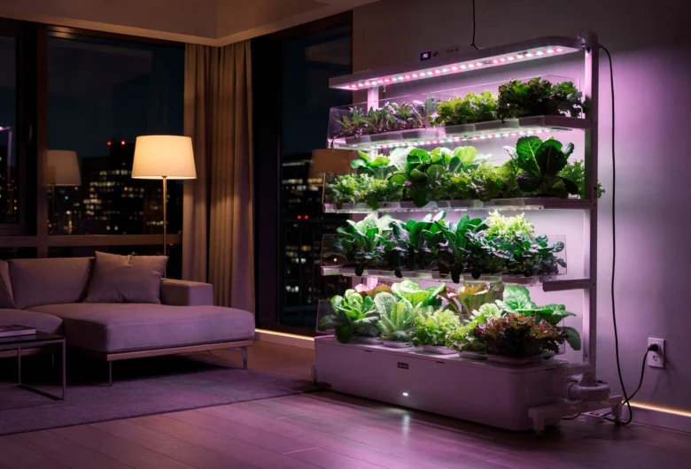 Estante de cultivo vertical com quatro prateleiras repletas de alfaces e hortaliças hidropônicas, iluminadas por painéis LED de espectro rosa e roxo em uma sala de estar moderna à noite.