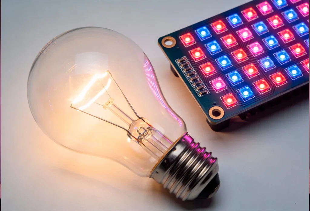 Comparação direta entre uma lâmpada incandescente comum acesa (esquerda) e um painel de LED para cultivo com chips vermelhos e azuis (direita), ilustrando a escolha certa do espectro para plantas.