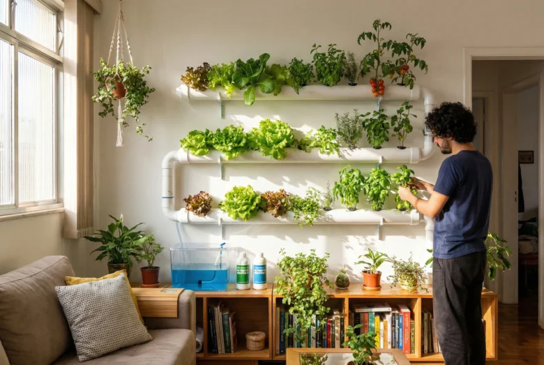 Sistema de hidroponia em apartamento feito com canos de PVC brancos instalados em uma parede vertical com alfaces crescendo.