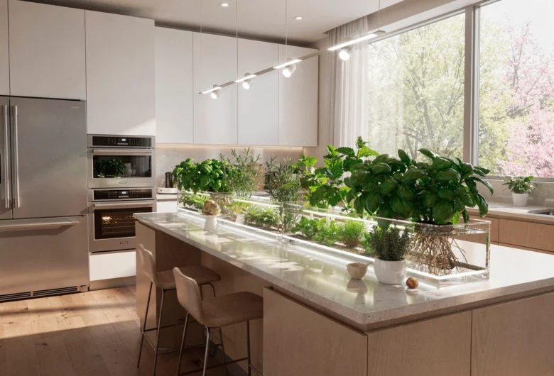 Horta hidropônica embutida em ilha de cozinha de luxo com móveis planejados em tons claros e iluminação dedicada.
