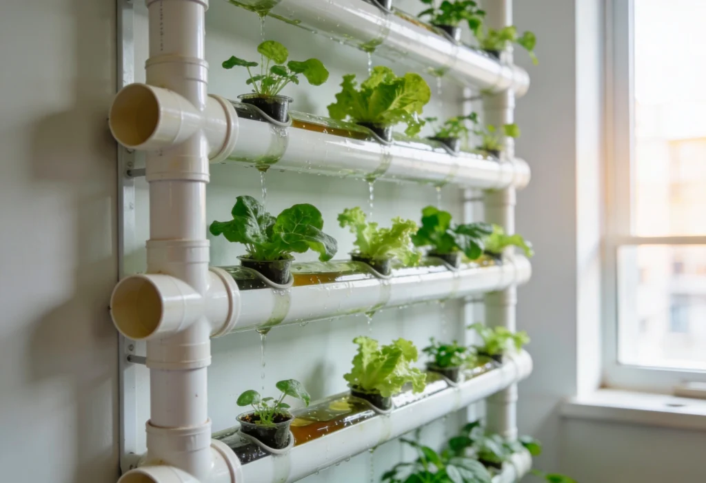 Sistema de hidroponia vertical instalado em parede branca com tubos de PVC transparente mostrando a circulação de água e mudas de alface crescendo.