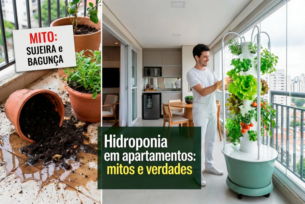 Sistema de hidroponia em apartamento com plantas cultivadas em estrutura compacta dentro de ambiente interno