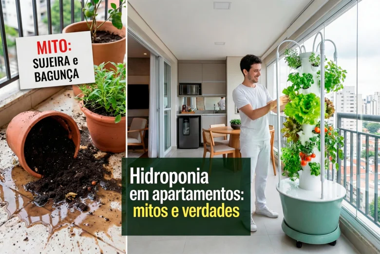 Sistema de hidroponia em apartamento com plantas cultivadas em estrutura compacta dentro de ambiente interno