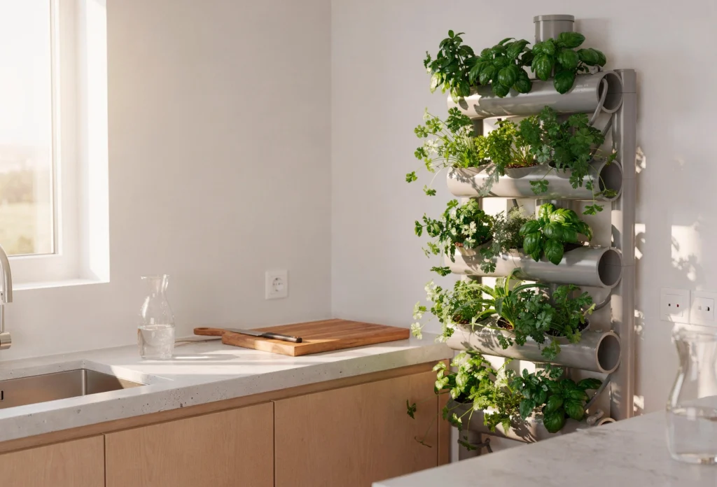 Sistema de hidroponia vertical em PVC instalado dentro da cozinha de um studio, com plantas cultivadas em estrutura compacta e integrada ao ambiente.