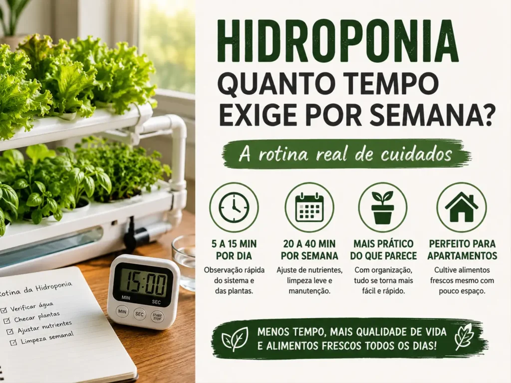 Sistema de hidroponia em apartamento com alfaces e ervas frescas mostrando a rotina semanal de cuidados com cultivo hidropônico.