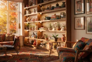 Sistema de hidroponia em apartamento com plantas cultivadas sob iluminação natural próxima à janela e iluminação artificial LED