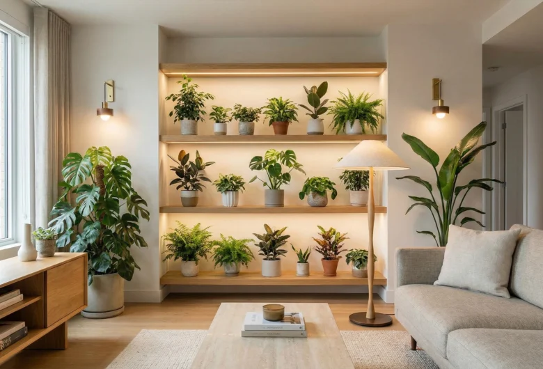 Jardim vertical integrado à decoração de uma sala de estar moderna, com iluminação LED discreta embutida em prateleiras de madeira.