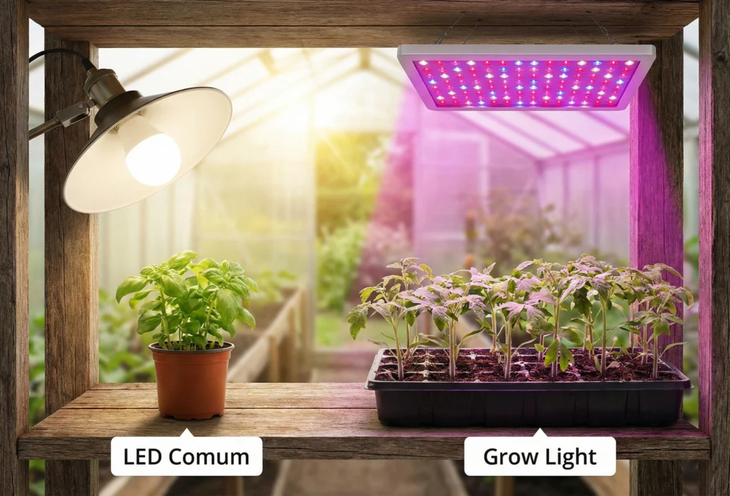 Comparação visual entre uma planta estiolada sob lâmpada LED comum e uma planta robusta sob painel de LED Grow Light em ambiente interno.