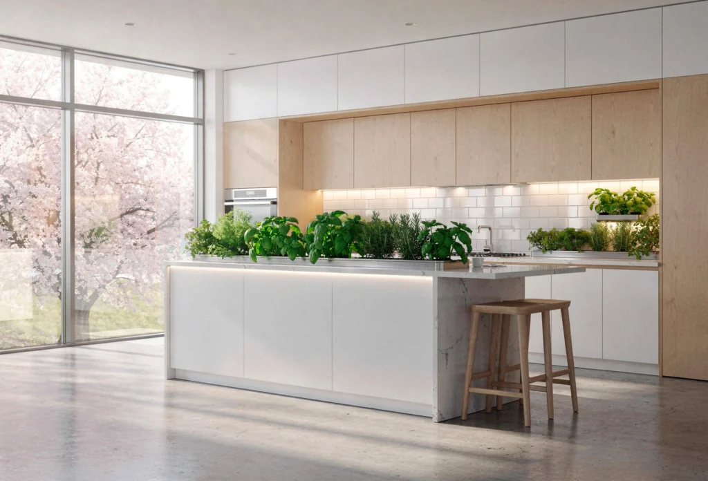 Cozinha gourmet moderna com ilha central branca integrada a um sistema de horta hidropônica com temperos verdes frescos e iluminação LED embutida.