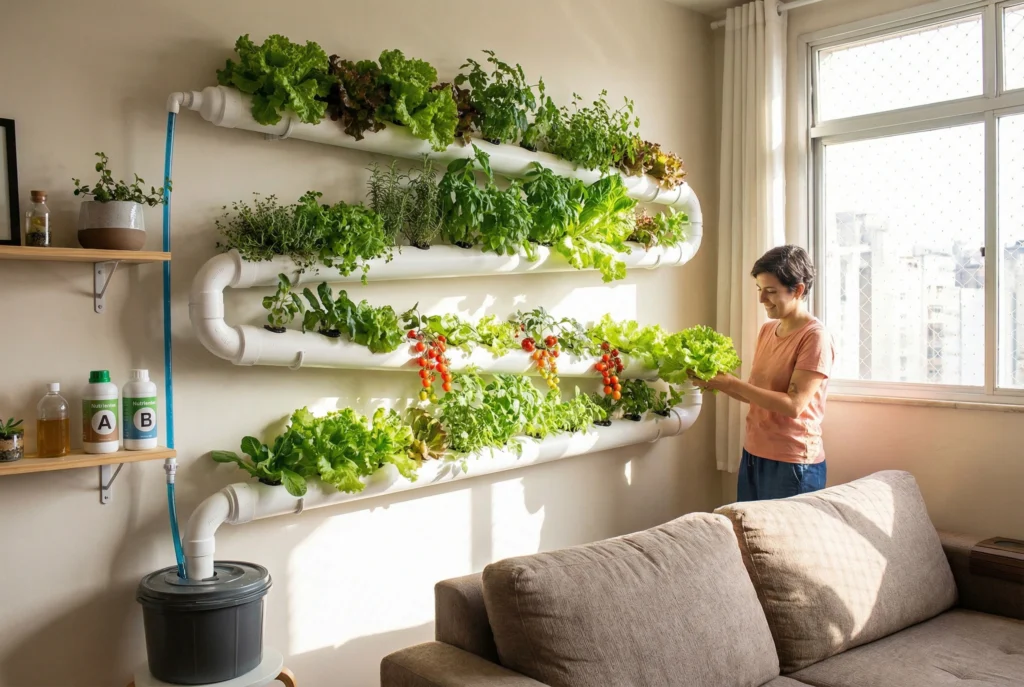 Sistema de hidroponia caseiro em apartamento com alfaces crescendo em tubos brancos sob luz LED, demonstrando a prevenção de erros comuns de cultivo.