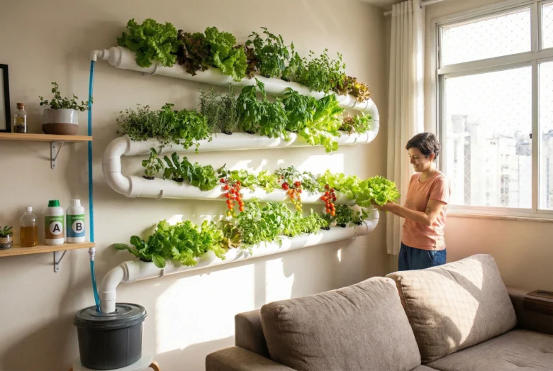 Sistema de hidroponia caseiro em apartamento com alfaces crescendo em tubos brancos sob luz LED, demonstrando a prevenção de erros comuns de cultivo.