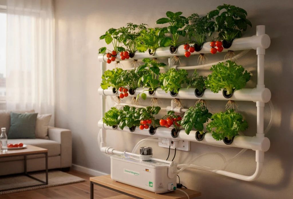 Vasos de vidro com plantas decorativas crescendo na água em uma prateleira de madeira, incluindo Jiboia, Bambu-da-sorte e Antúrio.