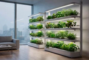Duas estantes hidropônicas verticais de design minimalista branco com iluminação LED de cultivo integrada, exibindo hortaliças vibrantes em uma sala de estar de alto padrão com vista urbana.
