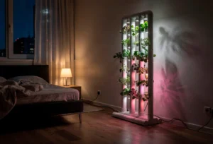 Sistema de hidroponia vertical compacto em torre de PVC branca com iluminação LED, instalado em um quarto aconchegante ao lado da cama.