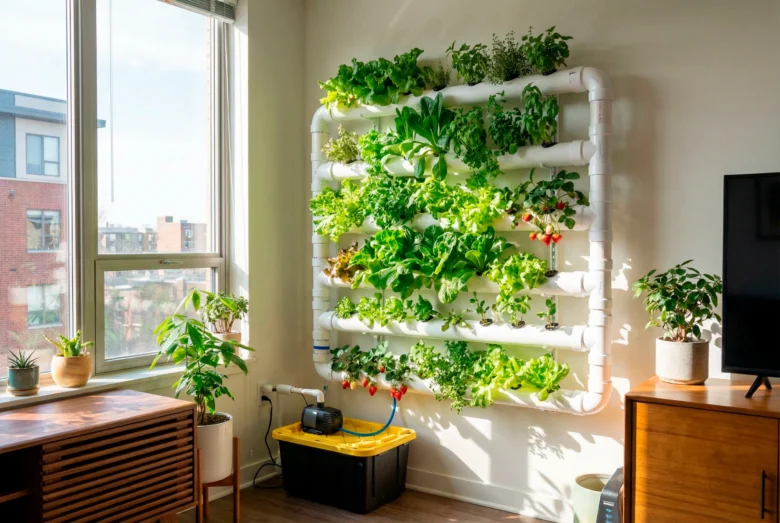 Sistema de hidroponia vertical para apartamento sem varanda instalado em parede branca, apresentando cultivo de hortaliças e morangos em tubos de PVC integrados ao design biofílico da sala de estar.