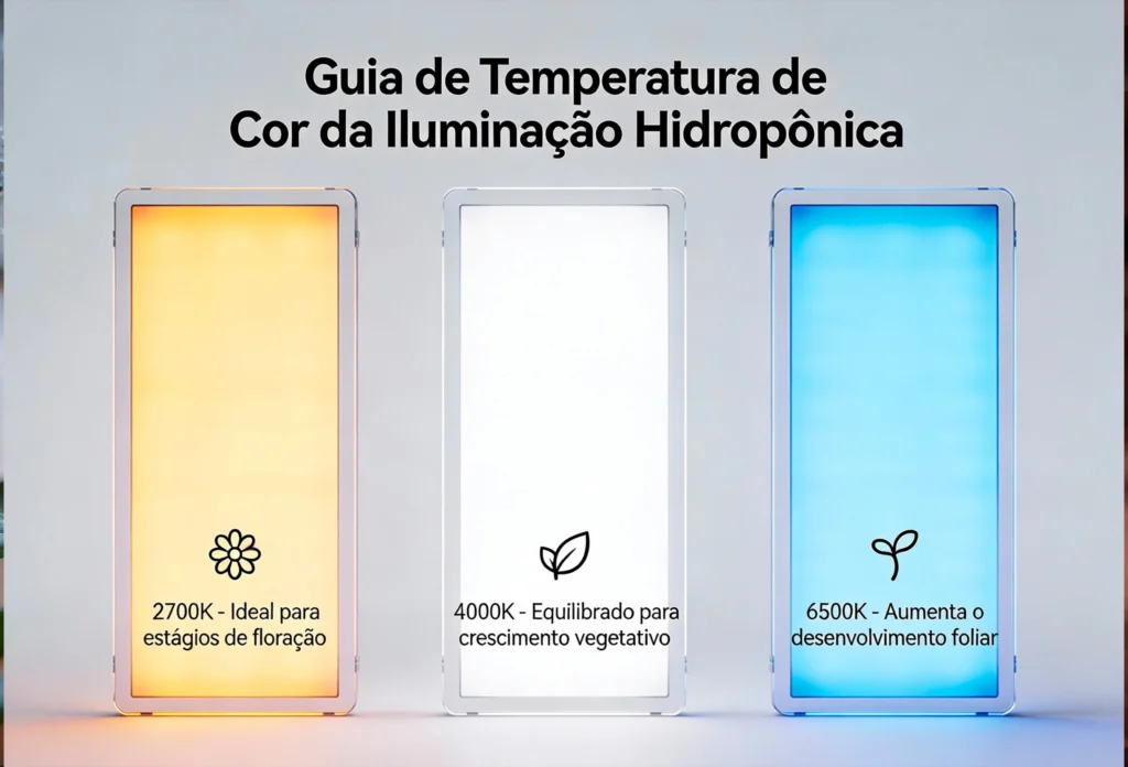 Infográfico "Guia de Temperatura de Cor da Iluminação Hidropônica" mostrando três painéis LED: 2700K (âmbar) para floração, 4000K (branco neutro) para crescimento vegetativo e 6500K (azul frio) para desenvolvimento foliar.