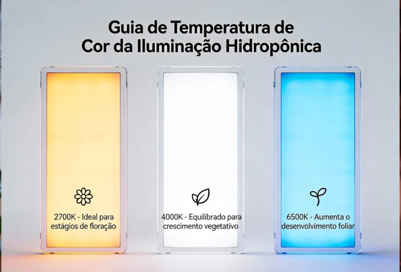 Infográfico "Guia de Temperatura de Cor da Iluminação Hidropônica" mostrando três painéis LED: 2700K (âmbar) para floração, 4000K (branco neutro) para crescimento vegetativo e 6500K (azul frio) para desenvolvimento foliar.