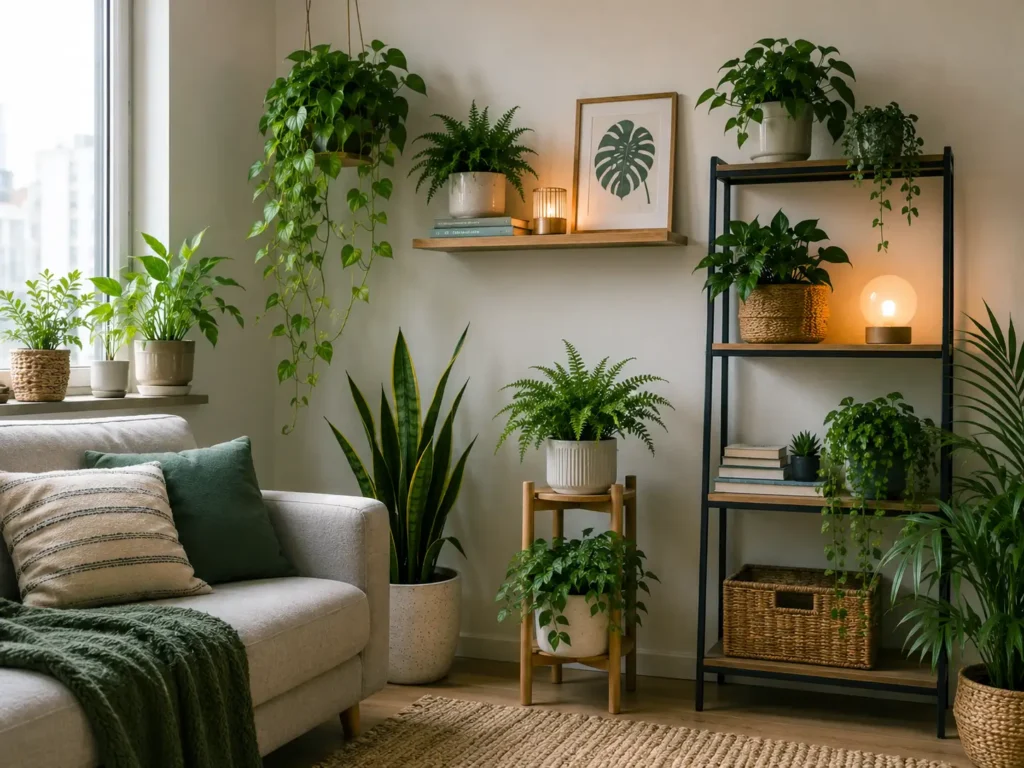 Sala de estar decorada com diversas plantas de interior e iluminação aconchegante