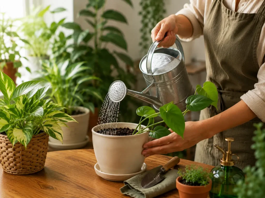 Pessoa regando plantas corretamente com regador em ambiente interno iluminado naturalmente