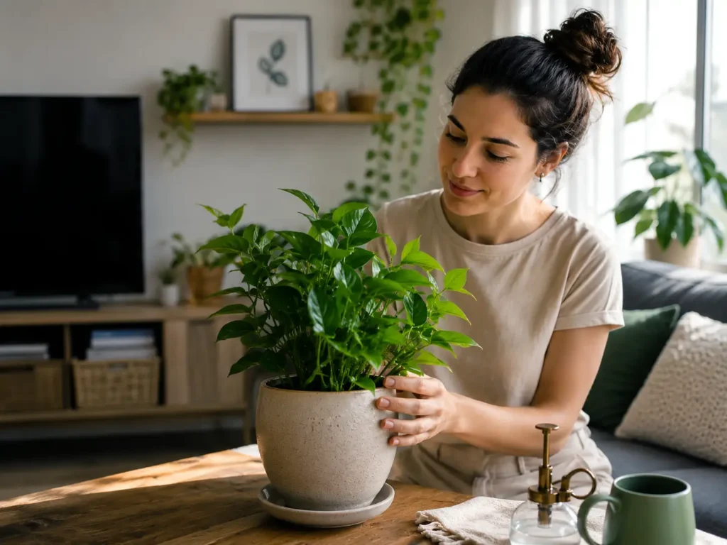 Mulher cuidando de planta em sala iluminada com luz natural suave dentro de apartamento