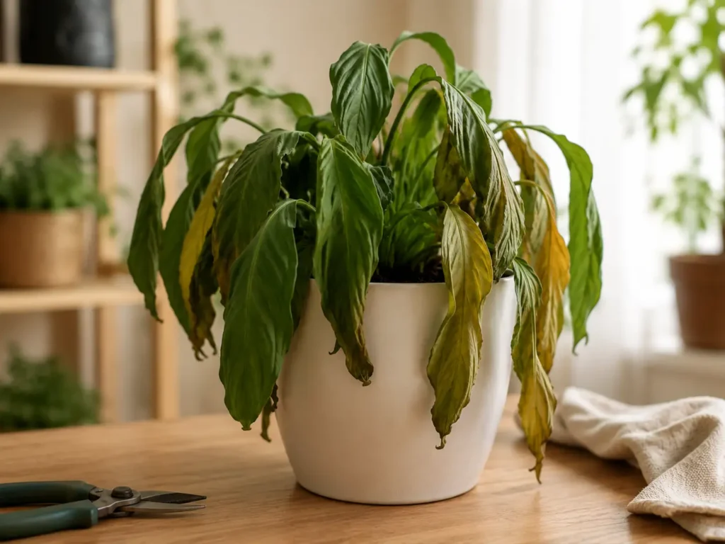 Planta para espaços com pouca luz natural com folhas murchas e amareladas em vaso sobre mesa de madeira dentro de apartamento.