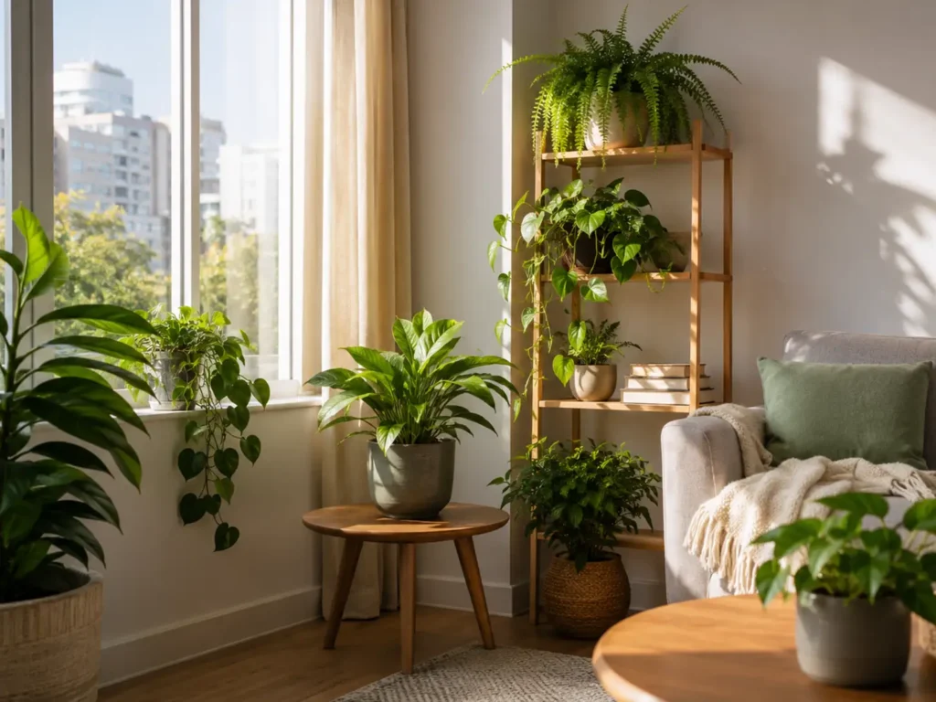 Plantas para espaços com pouca luz natural posicionadas próximas à janela em apartamento com iluminação indireta.