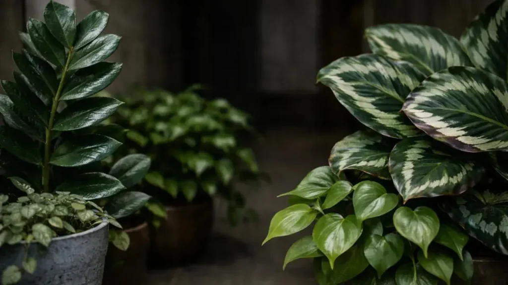 Plantas para espaços com pouca luz natural em ambiente interno com folhagens verdes e variegadas.