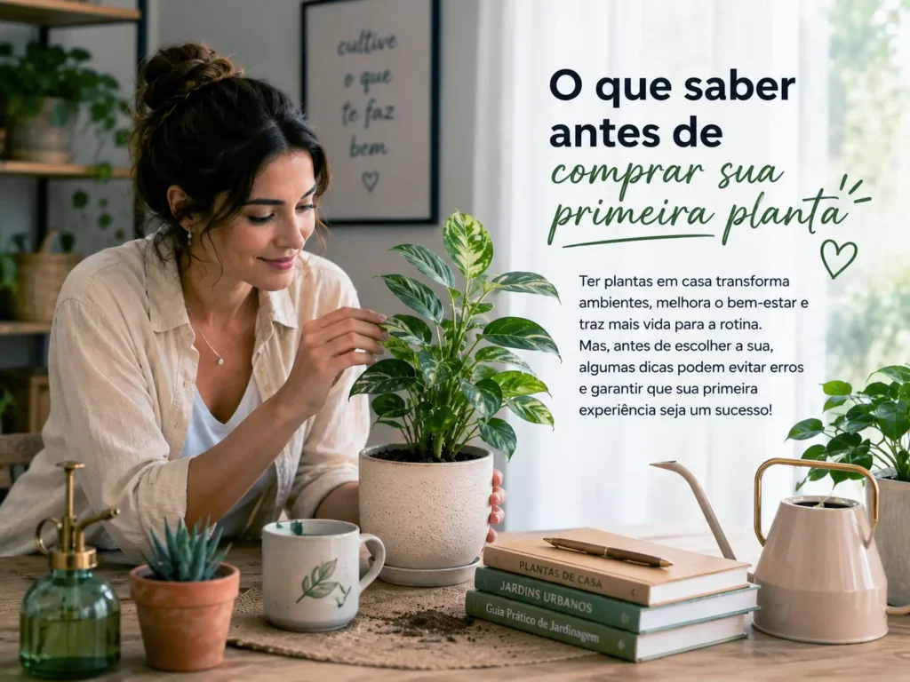 Mulher cuidando de planta em casa aprendendo o que saber antes de comprar a primeira planta