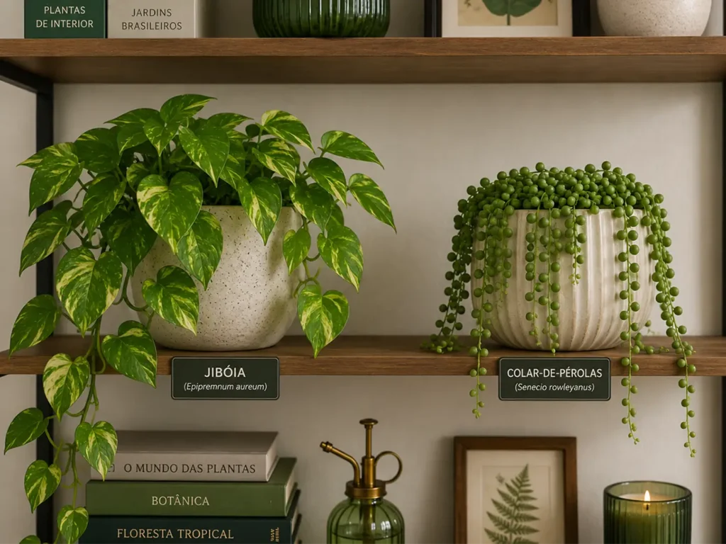 Plantas fazem diferença em apartamentos pequenos com jiboia e colar-de-pérolas decorando estante interna sem varanda